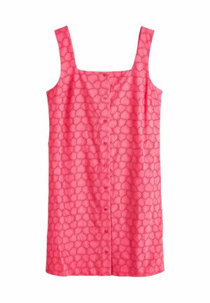 Ružové šaty bez rukávov so štvorcovým výstrihom, prednými gombíkmi a vyšívaným vzorom v tvare srdca na látke.