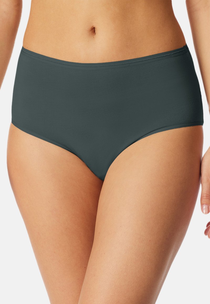 Hooggesneden ondergoed in een donkergrijze kleur, gemaakt van gladde stof met een naadloos ontwerp en zonder zichtbare hardware.