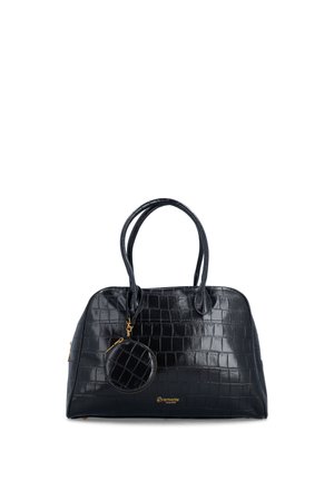 Schwarze Handtasche mit krokodilgeprägter Struktur, zwei Griffen und angebrachtem rundem Münzfach mit goldenem Reißverschluss und Remonte-Logo auf der Vorderseite.
