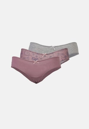 Drei Paare Damenunterhosen in Mauve, Hellrosa und Grau. Das mauvefarbene Paar hat ein dezentes Muster und eine rosa Schleifenakzent; glatte Textur.
