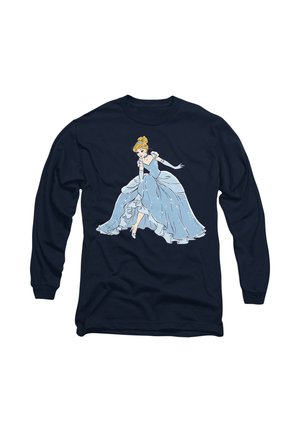 Long-sleeve navy shirt featuring a cartoon character in a light blue dress with ruffles and a flowing design, highlighting details and color contrast.