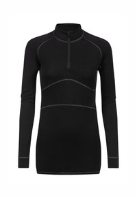 Schwarzer Pullover mit langen Ärmeln, hohem Kragen, halbem Reißverschluss vorne und kontrastierenden grauen Nähte. Hergestellt aus einem glatten, leichten Stoff.