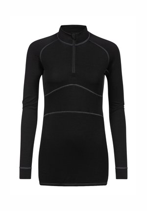 Zwarte langemouwen pullover met een hoge kraag, half rits voorkant en contrasterende grijze stikdetails. Gemaakt van een gladde, lichte stof.