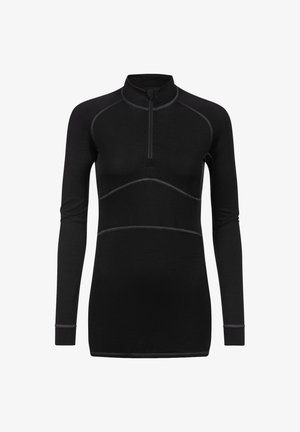 Zwarte langemouwen pullover met een hoge kraag, half rits voorkant en contrasterende grijze stikdetails. Gemaakt van een gladde, lichte stof.