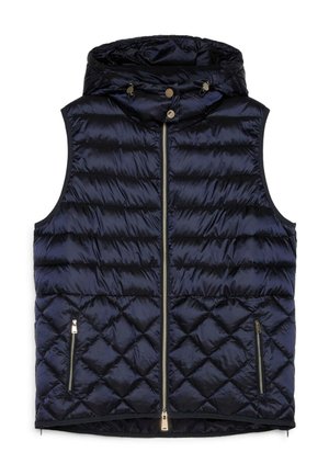 Marineblauw gewatteerd mouwloos puffer-vest met ritssluiting aan de voorkant, twee ritssluitingszakken en een capuchon met aantrekkoordjes.