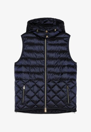 Marineblauw gewatteerd mouwloos puffer-vest met ritssluiting aan de voorkant, twee ritssluitingszakken en een capuchon met aantrekkoordjes.