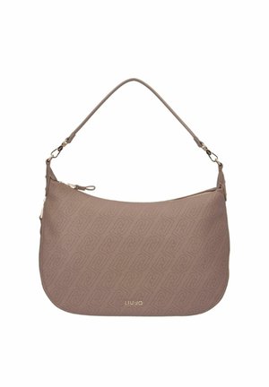 Taupe skuldertaske med buet form, præget geometrisk mønster, lynlås lukning og "Liu Jo" logo på fronten.