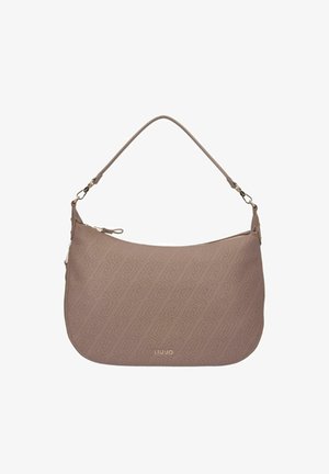 Taupe skuldertaske med buet form, præget geometrisk mønster, lynlås lukning og "Liu Jo" logo på fronten.