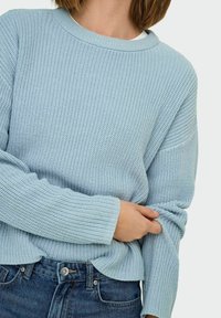 Svetlo modra pletena majica z rebrasto teksturo, okroglo izrezana in z dolgimi rokavi. V kombinaciji z temnimi denim hlačami, kar predstavlja sproščen videz.