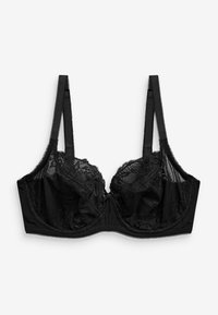 Schwarzer Spitzen-BH mit transparenten Cups und floralem Muster, verstellbaren Trägern und einem glatten Band. Texturierte Spitzenverarbeitung entlang der Ränder.