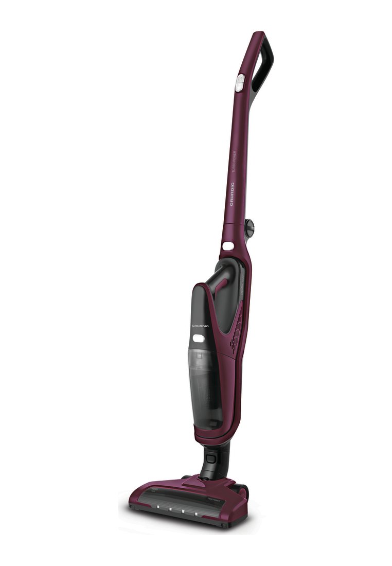 Aspirateur vertical sans fil rouge foncé et noir avec un réservoir à poussière transparent et une poignée ergonomique.