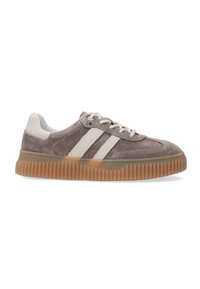 Low-top suede sneaker in taupe with white stripes, cream laces, and a thick ribbed gum sole, shown from the side on a white background.