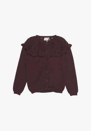 Bordeaux strikket cardigan med rynket blonde yoke, lange ærmer, rund halsudskæring og knaplukning foran.