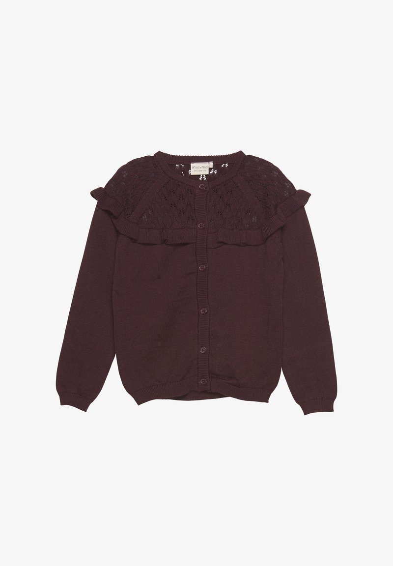 Burgunderfarget strikket cardigan med volangdetaljer i blonde ved skulderen, lange ermer, rund hals og knapplukking foran.