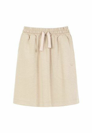 Beżowa casualowa spódnica z elastycznym pasem i sznurkiem, wykonana z miękkiej tkaniny, o długości do kolan, gładka z subtelnym logo z boku.