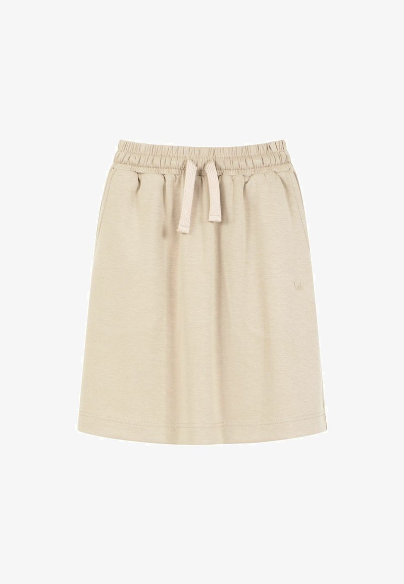 Jupe décontractée beige avec taille élastique et cordon de serrage, en tissu doux, longueur au genou, design uni avec logo discret sur le côté.