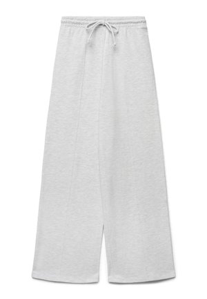Pantaloni della tuta grigio chiaro a gamba larga con vita elastica e coulisse, mostrati distesi su sfondo bianco.