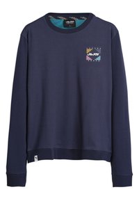 Marineblauw sweatshirt, zachte stof, ronde hals, ribgebreide boorden en onderkant, voorzien van een klein multikleurig logo op de linkerkant van de borst.