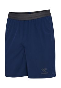 Shorts de sport bleu marine avec ceinture élastique noire et petit logo réfléchissant Hummel sur la jambe gauche.