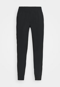 Svarta sweatpants med elastisk midja, avsmalnande ben och sidofickor med dragkedja för säker förvaring. Slät tygtextur.