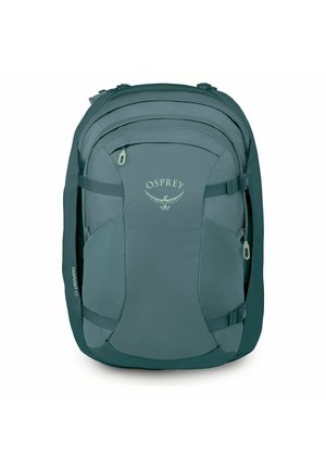 Mochila de viaje Teal Osprey Farpoint 55 con múltiples compartimentos con cremallera y correas de compresión lateral ajustables.