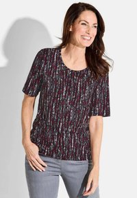 Kurzarmhemd in dunkelrot, grau und weißen vertikalen Mustern. Weicher, dehnbarer Stoff mit Rundhalsausschnitt und Raffung in der Taille.