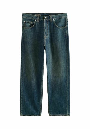 Tmavomodré džínsy s rovnými nohavicami, piatimi vreckami, kovovými nitmi a zapínaním na gombík v páse.