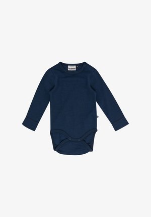 Navyblauw lange mouwen bodysuit gemaakt van zachte stof, met drukknoopjes op de schouders en het kruis voor eenvoudig aankleden.