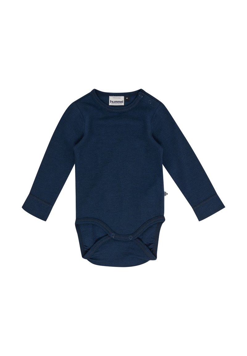 Marinblå långärmad bodysuit i mjukt material, med tryckknappar vid axeln och grenen för enkel påklädning.