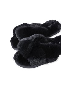 Pantoufles en fourrure noire avec une texture douce, dotées d'un design à bandes croisées et d'une semelle plate. Forme générale arrondie avec une couleur noire discrète.