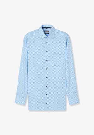 Hellblaues langärmliges Hemd mit einem Muster aus kleinen schwarzen Punkten, durchgeknöpfter Vorderseite, einer einzelnen Brusttasche und klassischem Kragen.