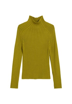 Pull à col roulé en maille côtelée à manches longues, couleur vert olive, avec une texture verticale, coupe slim et un col haut.