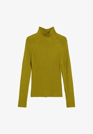 Olijfgroene lange mouwen ribgebreide turtleneck trui met verticale textuur, slim fit en een hoge kraag.