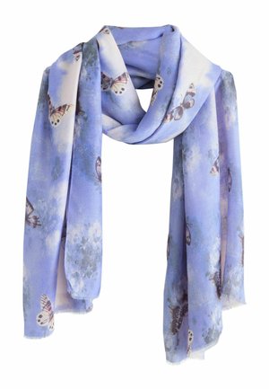 Écharpe bleu clair avec une texture douce, décorée de motifs délicats de papillons et de fleurs, drapée lâchement en boucle.