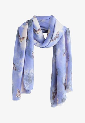 Vaaleansininen huivi, jossa pehmeä rakenne, koristeltu herkällä perhosten ja kukkien kuviolla, löyhästi silmukassa kiedottu.