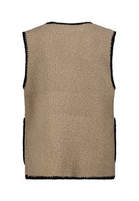 Beige Fleece-Weste mit einer strukturierten Oberfläche, ärmellosem Design, schwarzem Besatz entlang der Kanten und seitlichen Taschen.