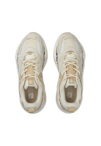 Beige athletic shoes with mesh and suede details, round toe, padded collar, lace-up closure, and logo on the tongue and side.