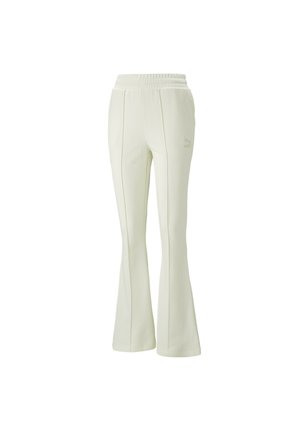 Pantaloni da track flared bianchi con vita elastica, caratterizzati da dettagli di cucitura discreti e un piccolo logo sul davanti. Tessuto morbido.