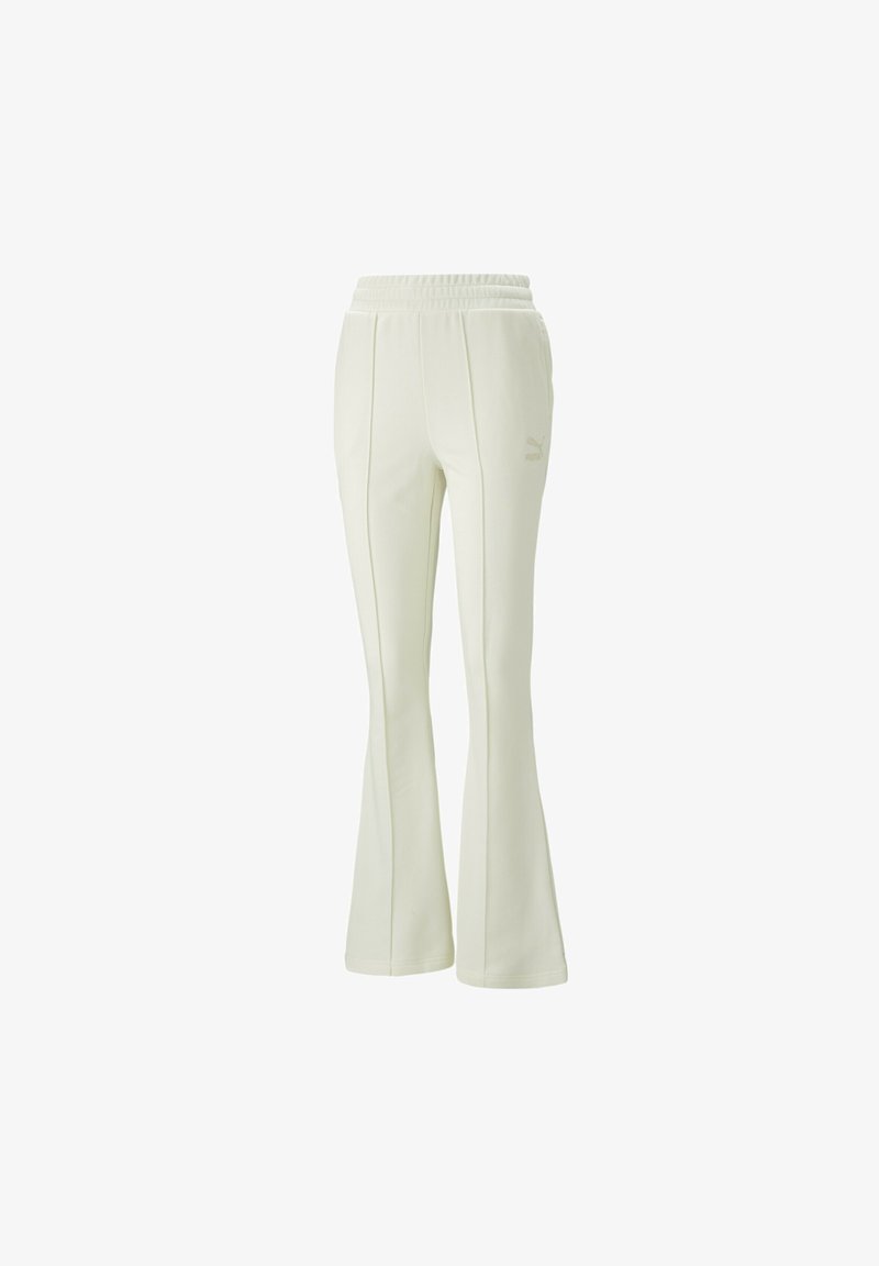 White flared track pants with an elastic waistband, featuring subtle stitching details and a small logo on the front. Soft fabric texture.