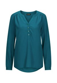 Blusa lunga teal con scollatura a V, placchetta con cinque bottoni e cuciture delle spalle arricciate. Tessuto liscio con orlo curvo.