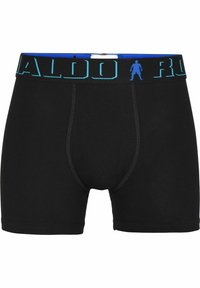 Černé boxerky vyrobené z jemné tkaniny, s modrým elastickým pasem s nápisem "CR7" a siluetovým designem. Viditelné detailní švy.