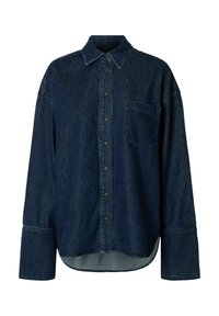 Dunkelblaue Jeanshemd mit Button-Down-Kragen, Brusttasche und lockerer Passform. Es hat lange Ärmel mit breiten Manschetten und einen abgerundeten Saum.