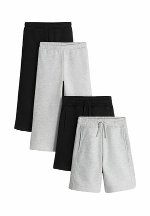 Two pairs of black and two pairs of gray casual shorts with elastic waistbands and pockets, arranged overlapping on white background.