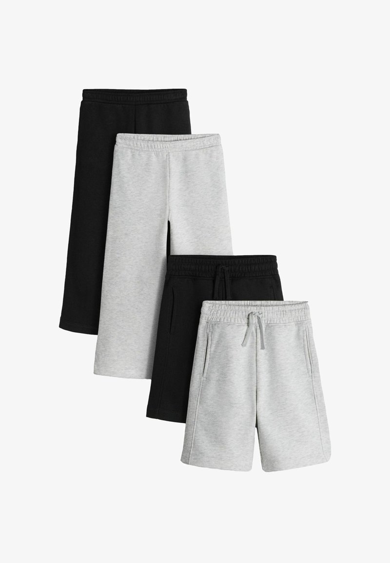 Twee paar zwarte en twee paar grijze casual shorts met elastische taillebanden en zakken, over elkaar heen gelegd op een witte achtergrond.