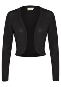 Schwarze, kurze Strickjacke mit langen Ärmeln, offener Vorderseite und schimmernder Textur. Verfügt über abgerundete Kanten und ein minimalistisches Design.