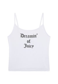Camisola bianca con spalline sottili, decorata con testo nero che recita "Sognando il succoso" in un font decorativo, realizzata in morbido cotone.