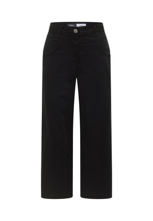 Pantalones negros de pierna ancha con botones delanteros y cremallera, trabillas para cinturón y bolsillos laterales, mostrados sobre un fondo blanco.