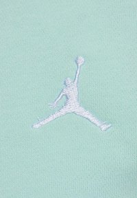 Tela verde menta con una superficie texturizada que presenta un logo Jumpman bordado en blanco. El diseño destaca la ropa deportiva y casual.