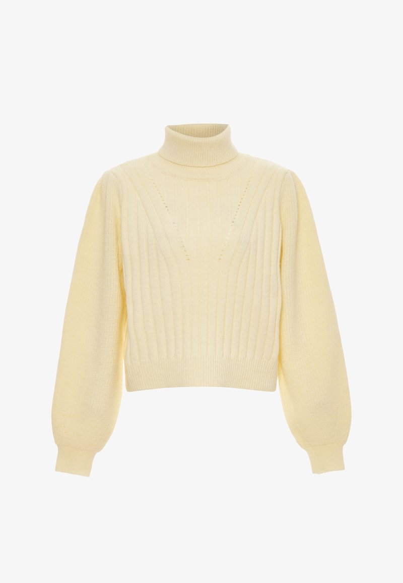 Yellow ribbed knit turtleneck sweater, cropped design, with puffed sleeves and subtle vertical patterns along the front. Soft texture.