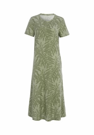 Grøn kortærmet midi-kjole med rund halsudskæring, med et mørkegrønt tropisk bladmønster over det hele.